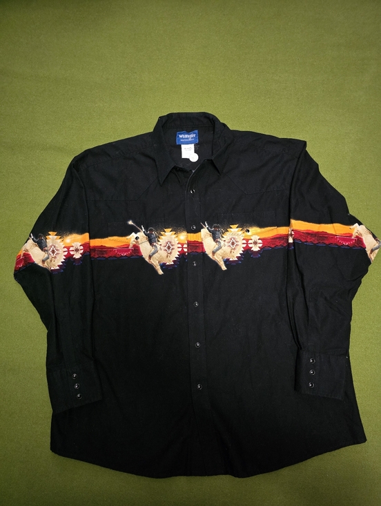 Wrangler Other - 90's Wrangler Black Western Shirt with Sunset Stripe and Rodeo Horses